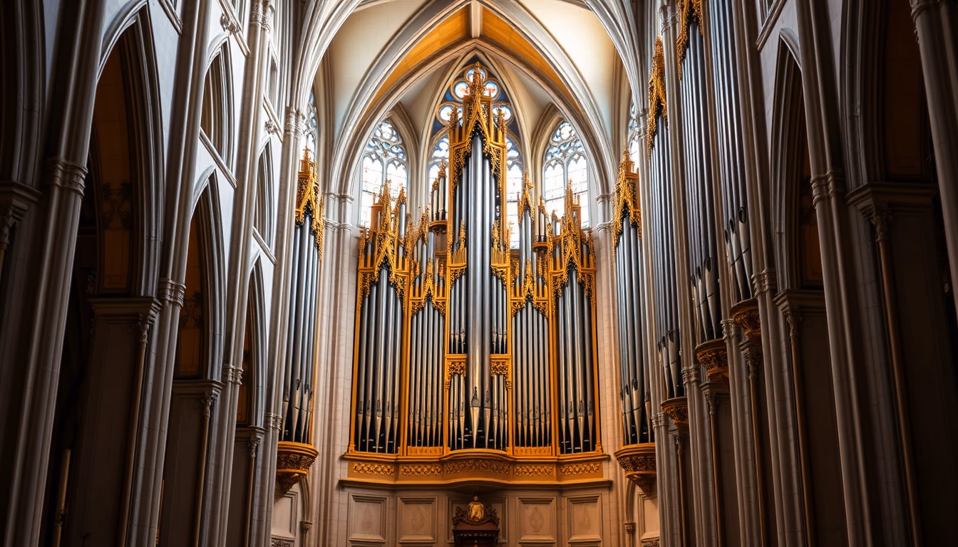 organ pipes cathedral in editorial style