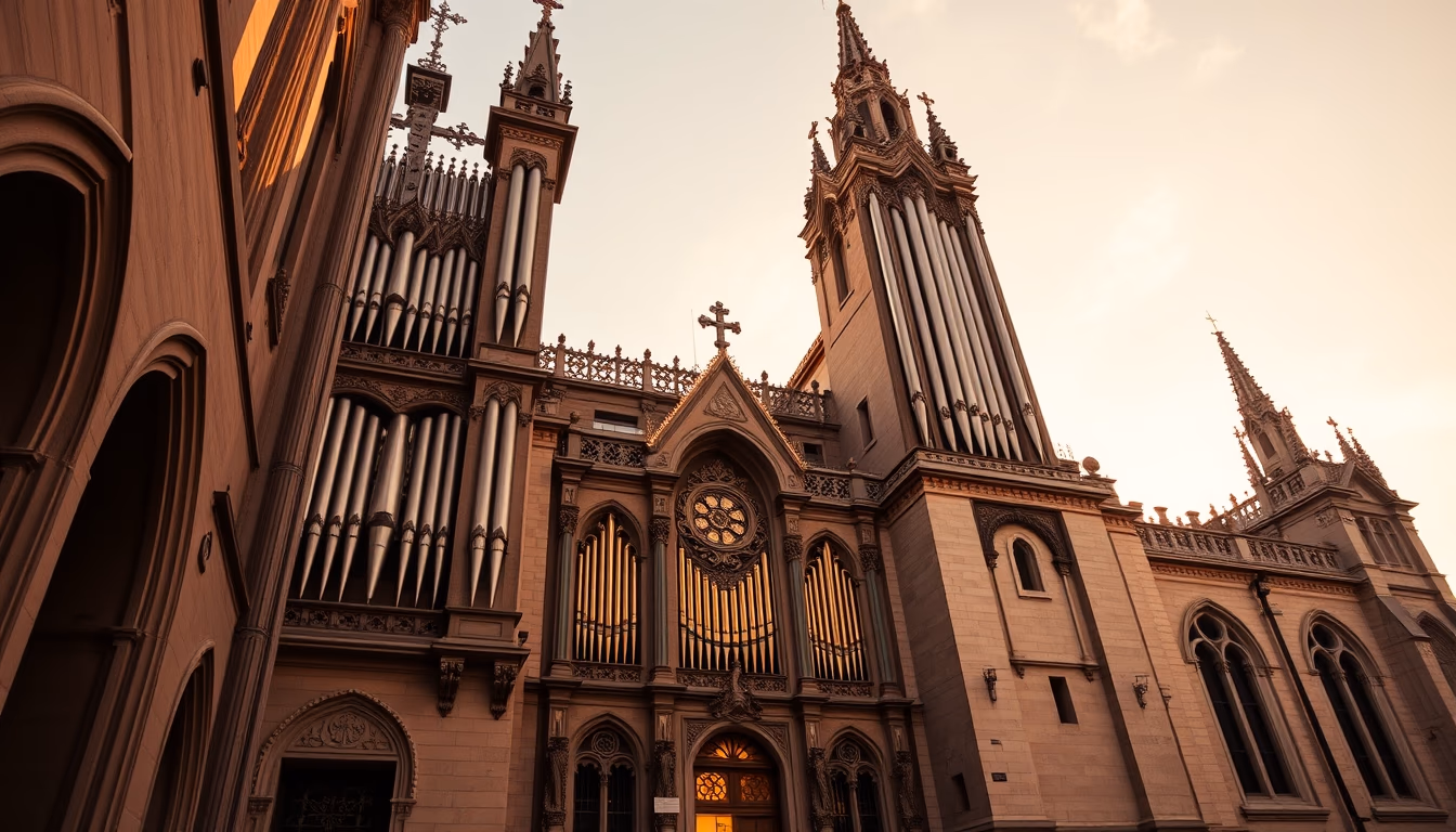 organ pipes cathedral in editorial style
