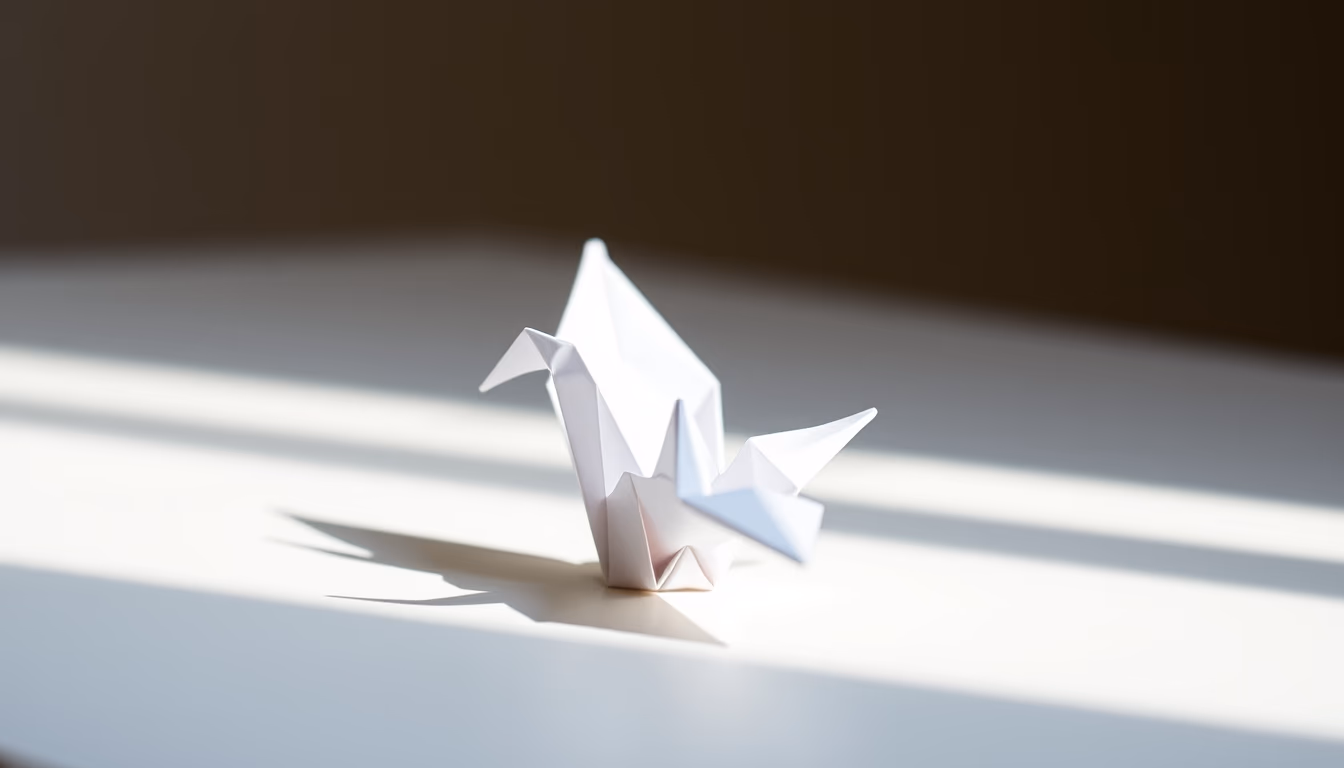 origami crane paper white in editorial style