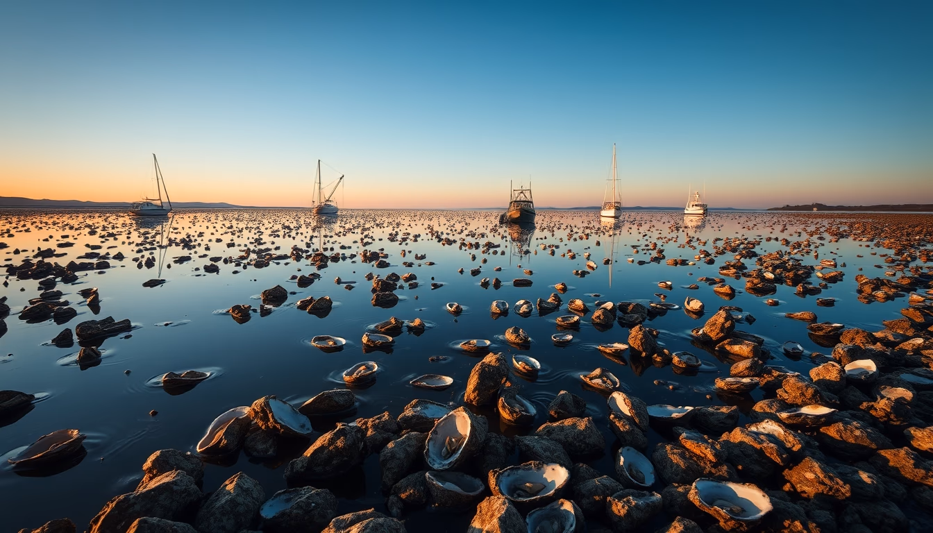 oyster farm bay in editorial style