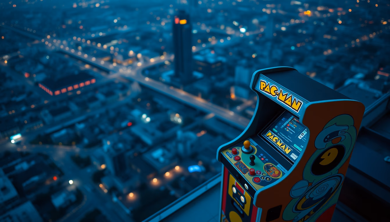 pacman cabinet arcade in editorial style