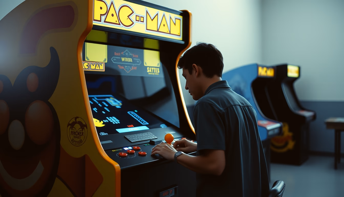 pacman cabinet arcade in editorial style