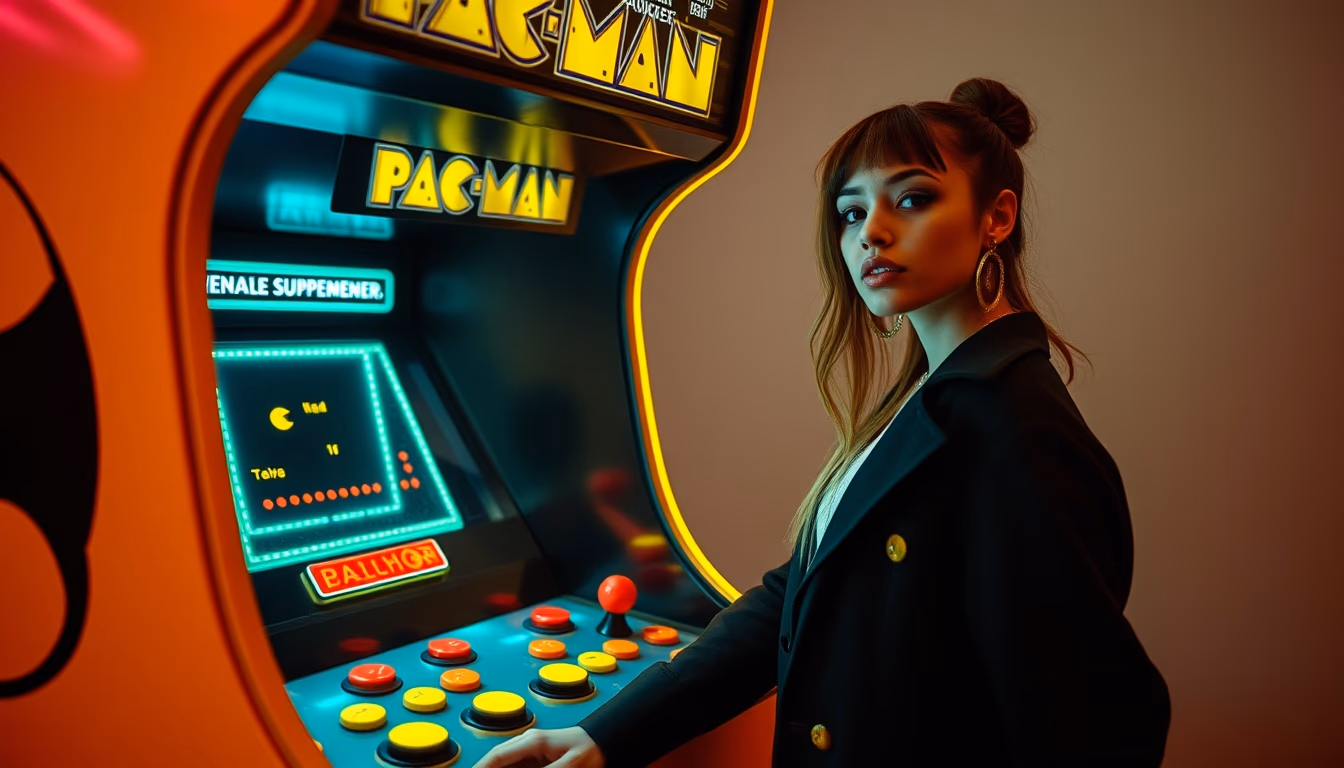 pacman cabinet arcade in editorial style