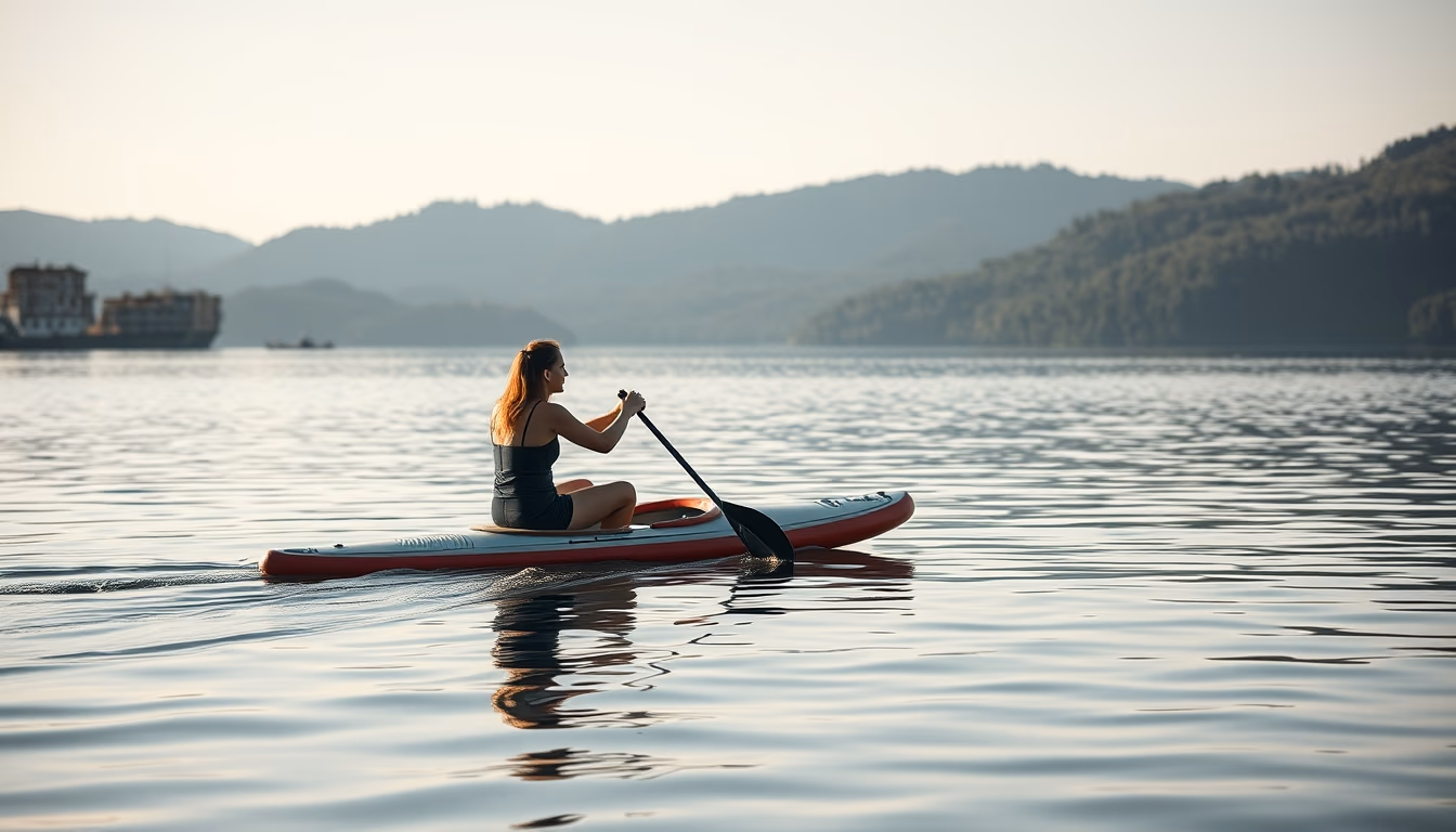 paddle board lake calm in editorial style