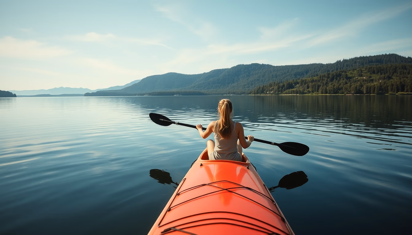 paddle board lake calm in editorial style