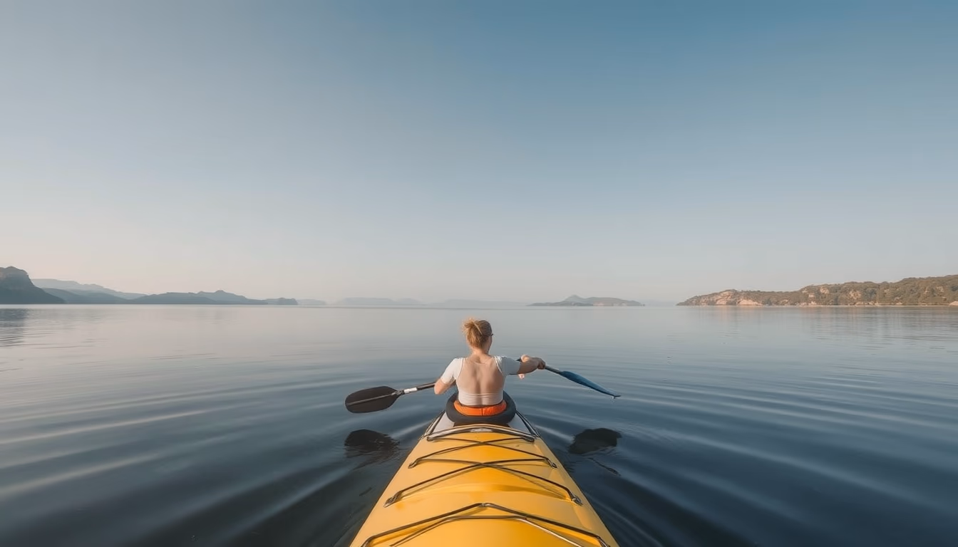 paddle board lake calm in editorial style