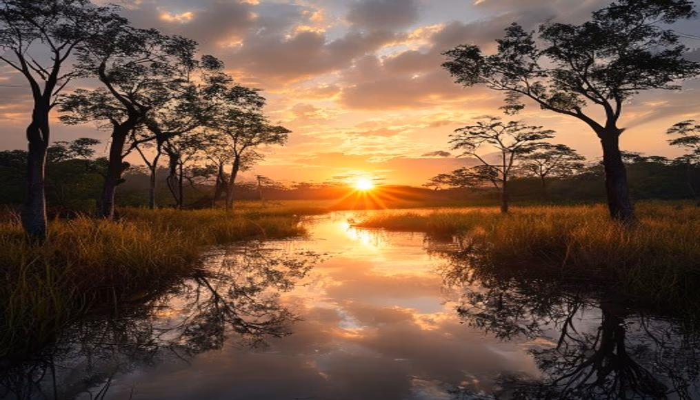pantanal wetlands sunrise in editorial style