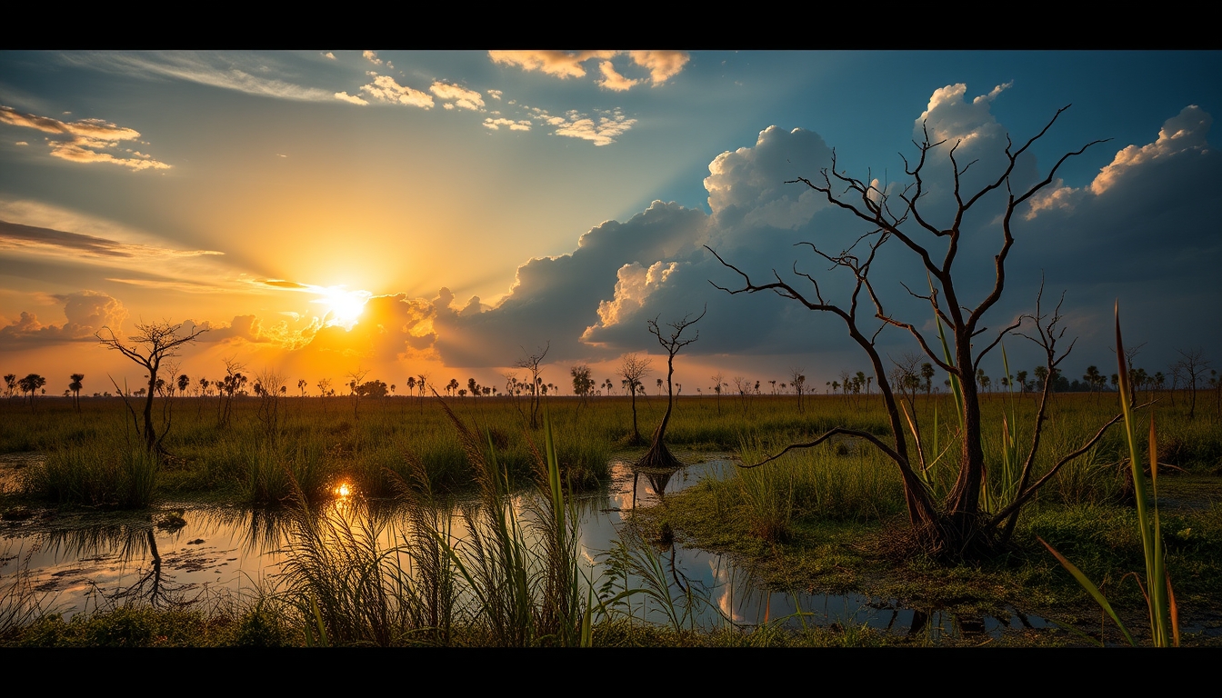 pantanal wetlands sunrise in editorial style
