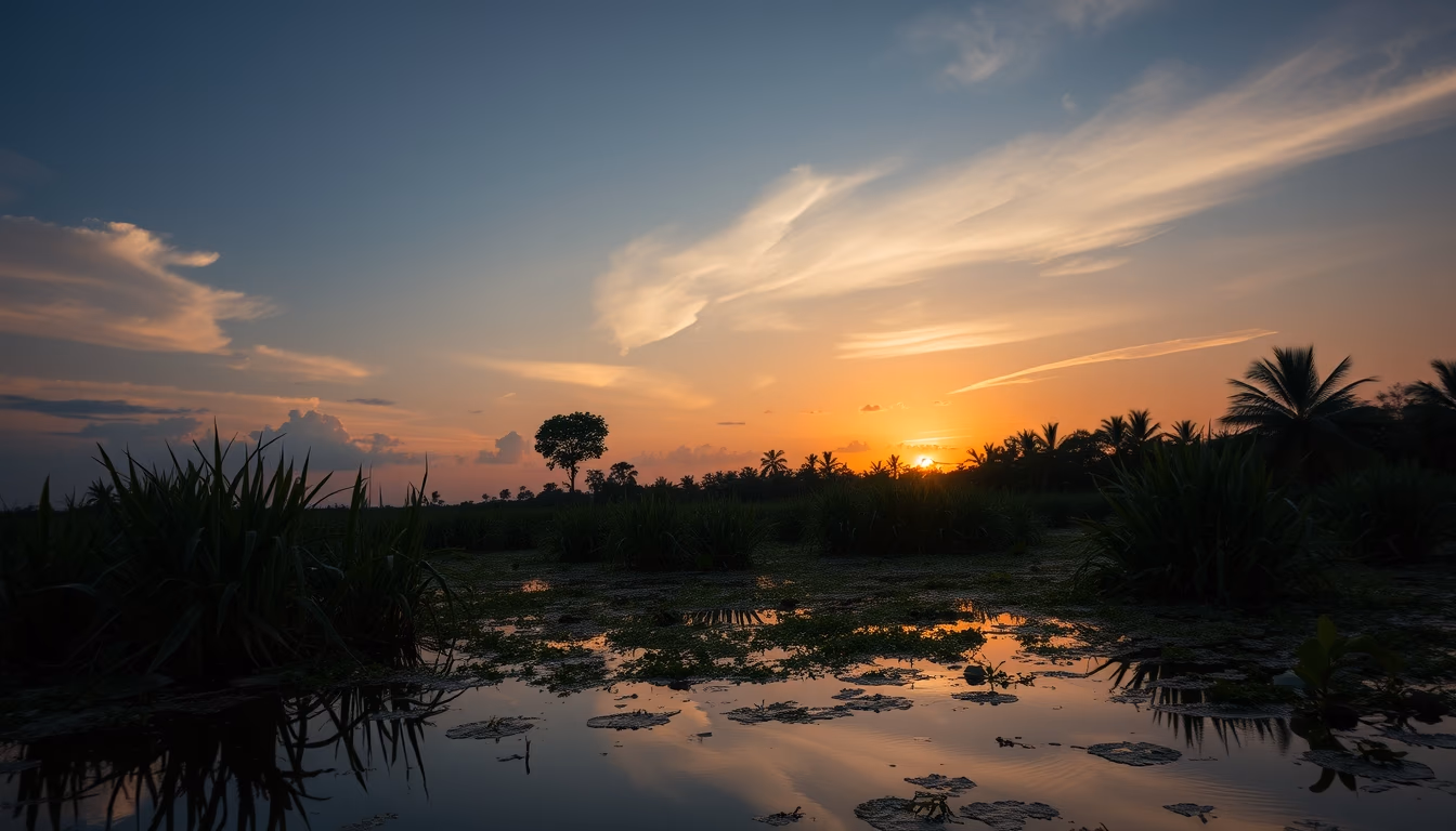 pantanal wetlands sunrise in editorial style