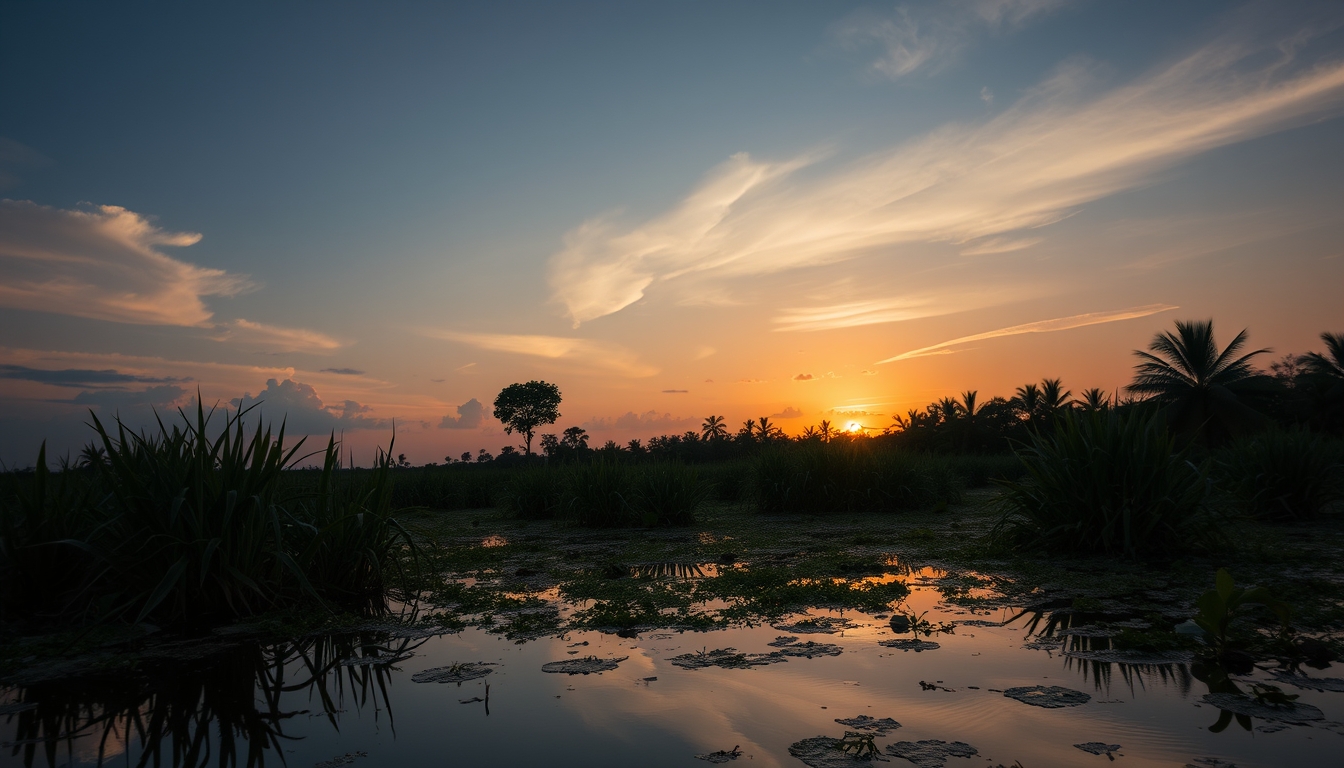 pantanal wetlands sunrise in editorial style
