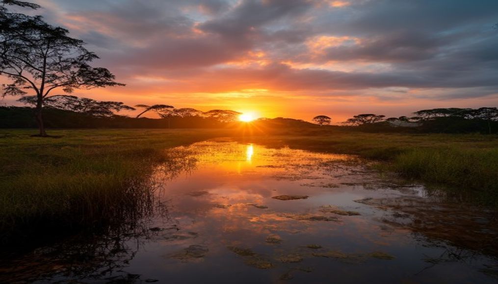 pantanal wetlands sunrise in editorial style
