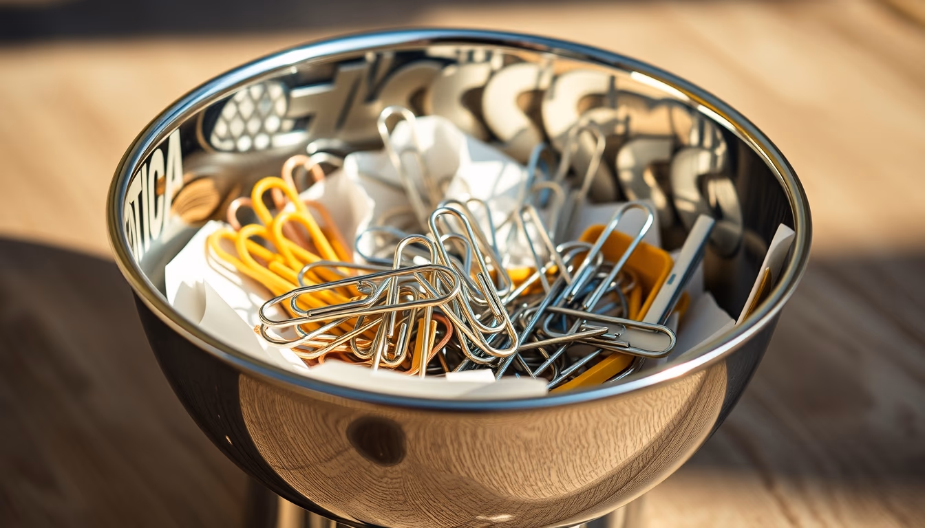 paper clips chrome bowl in editorial style