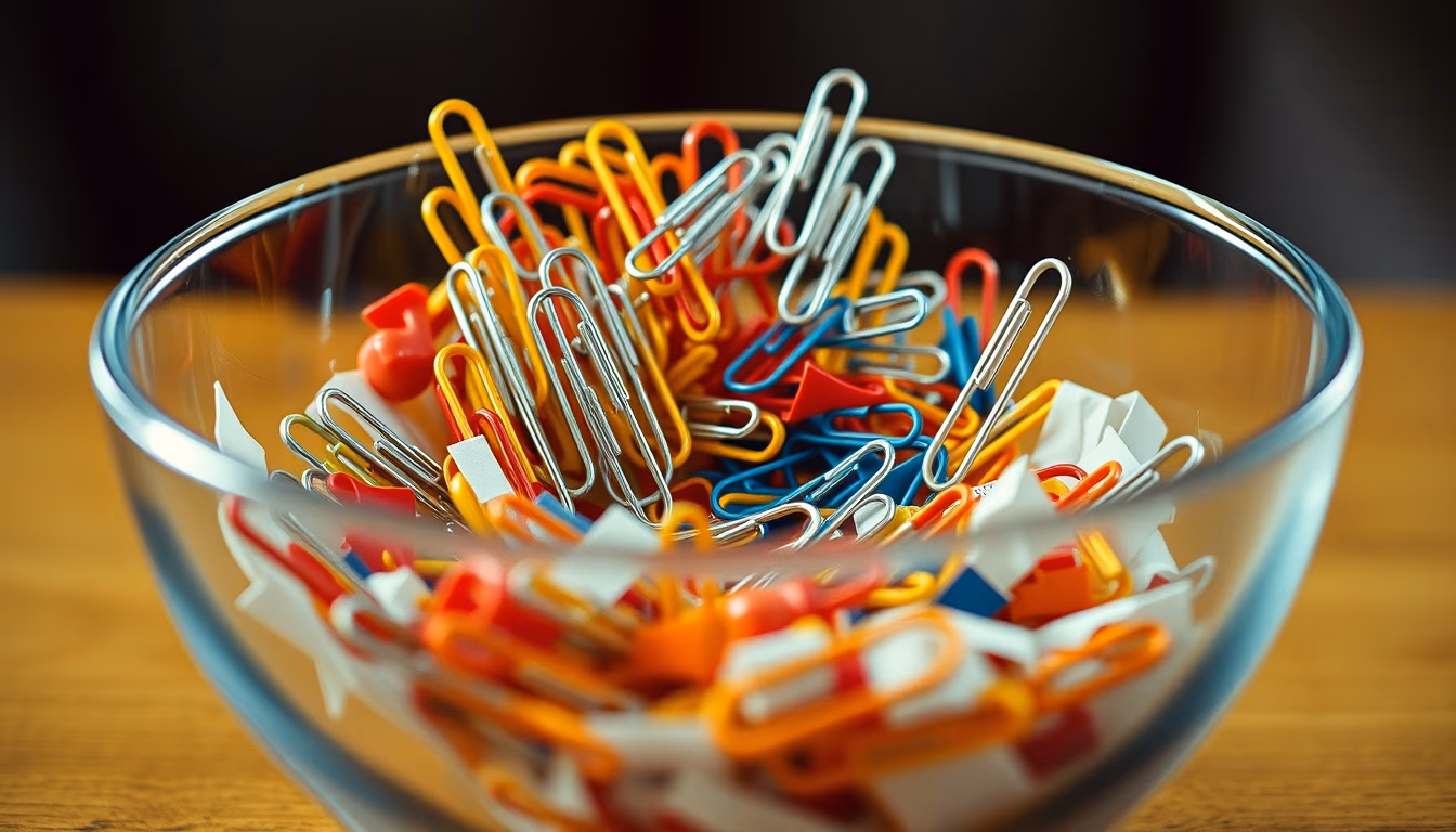 paper clips chrome bowl in editorial style