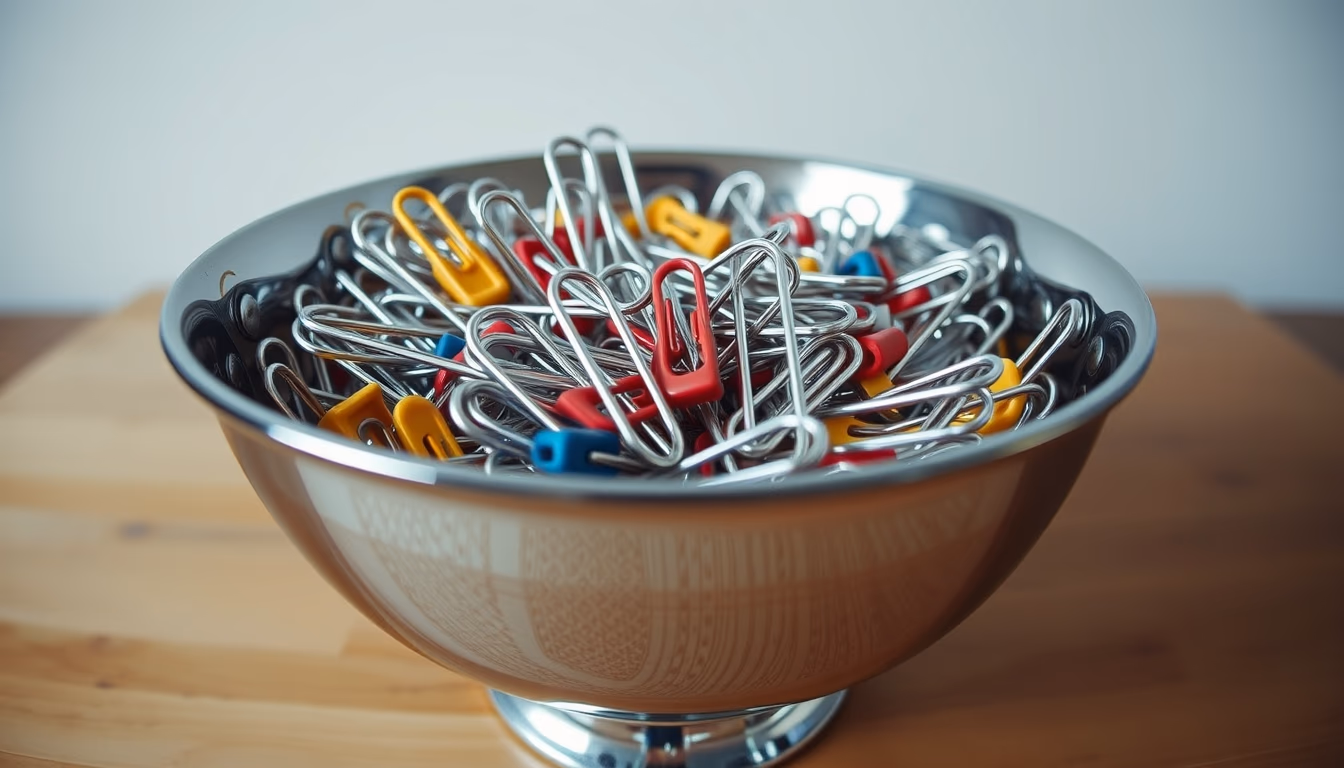 paper clips chrome bowl in editorial style