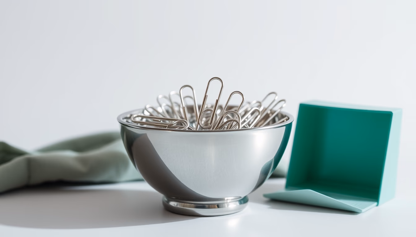 paper clips chrome bowl in editorial style