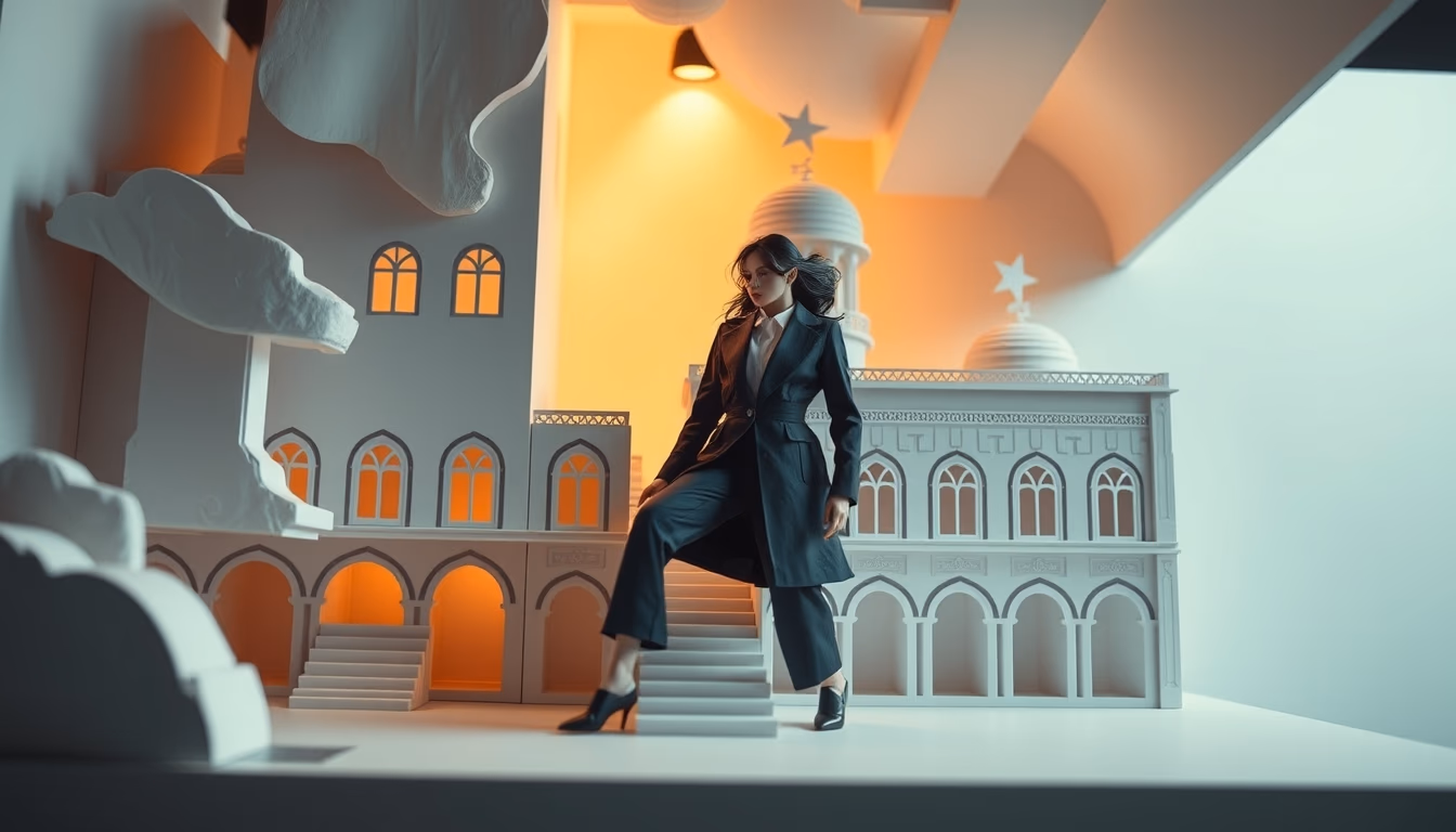 papercraft architecture in editorial style