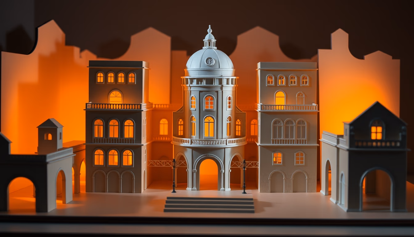 papercraft architecture in editorial style
