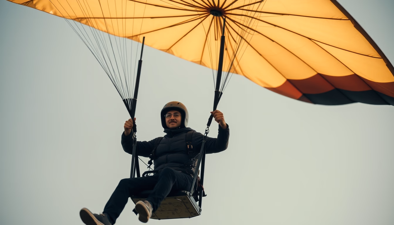 paramotor flight in editorial style