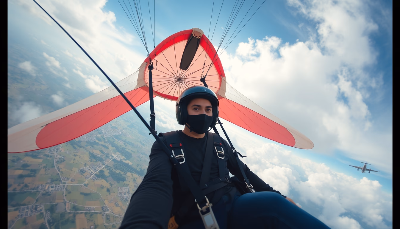 paramotor flight in editorial style