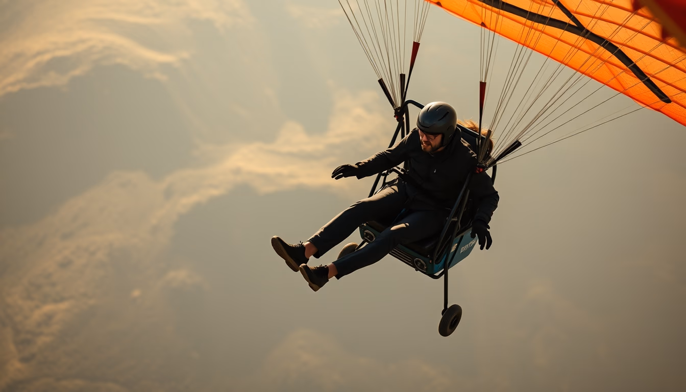 paramotor flight in editorial style