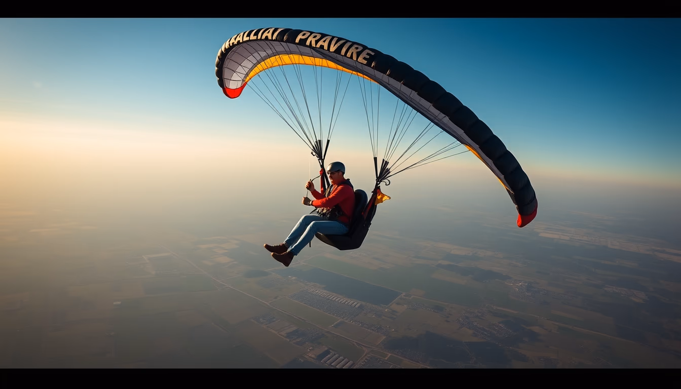 paramotor flight in editorial style