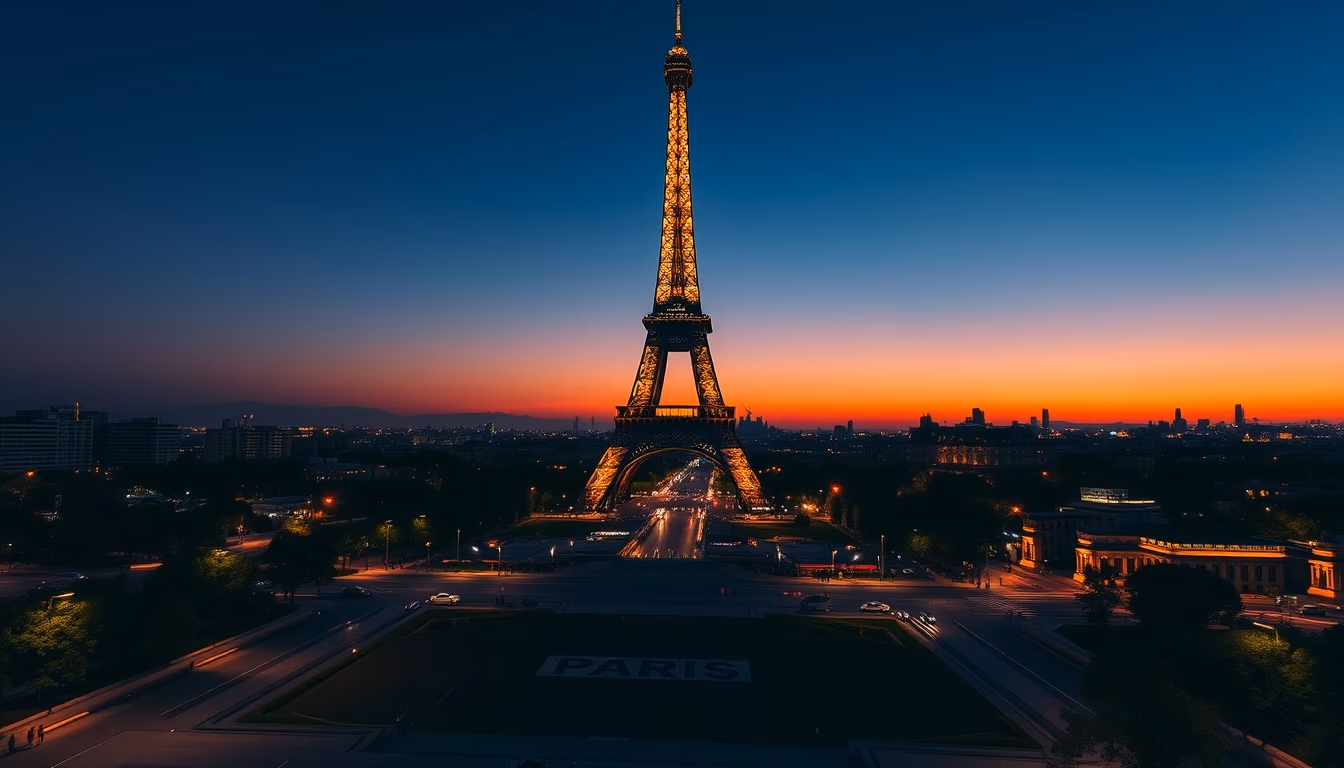 paris eiffel tower at twilight in editorial style