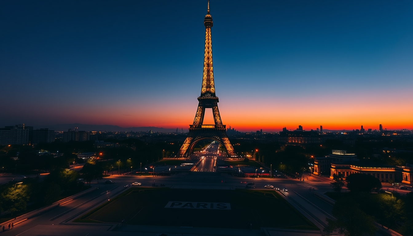 paris eiffel tower at twilight in editorial style