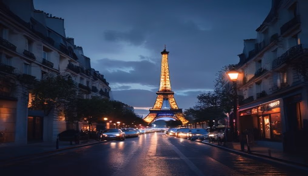 paris eiffel tower at twilight in editorial style