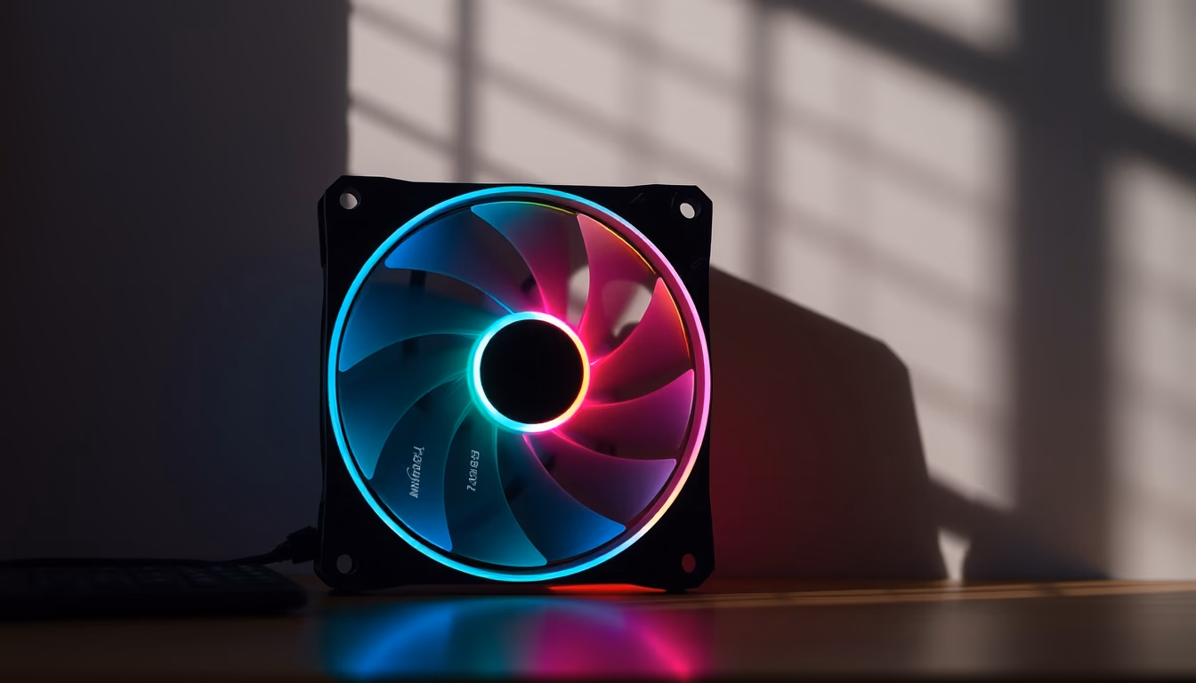 pc fan rgb glowing in editorial style