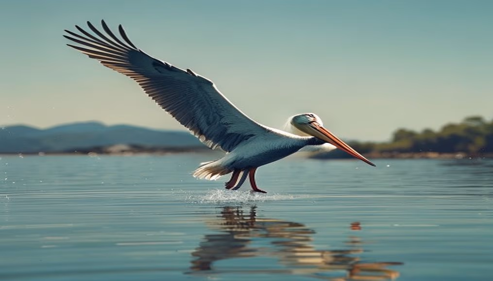 pelican flying low water in editorial style