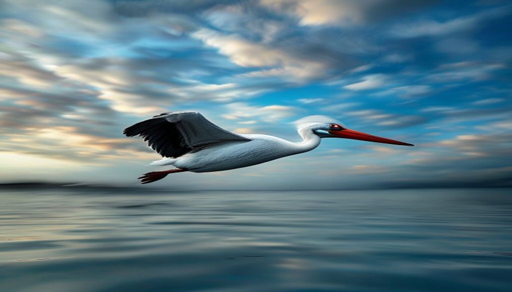 pelican flying low water in editorial style