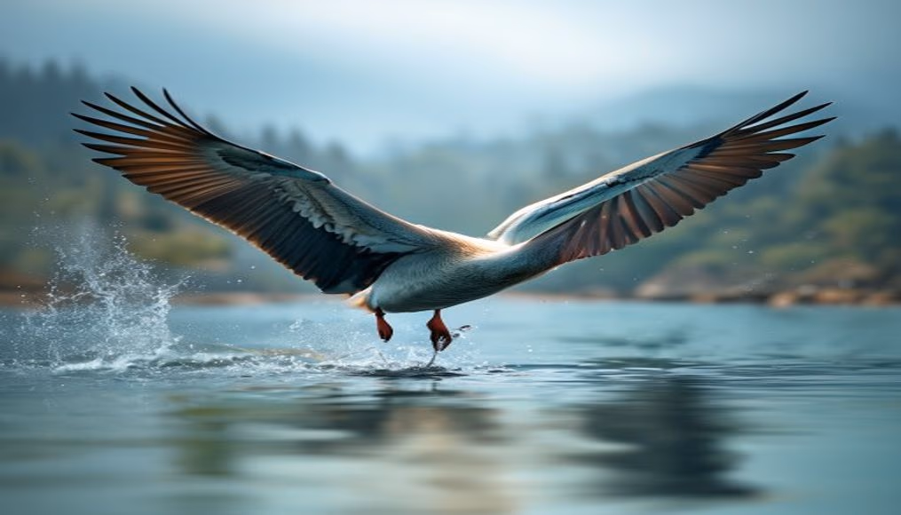 pelican flying low water in editorial style