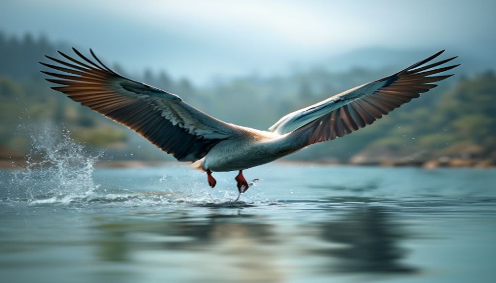 pelican flying low water in editorial style