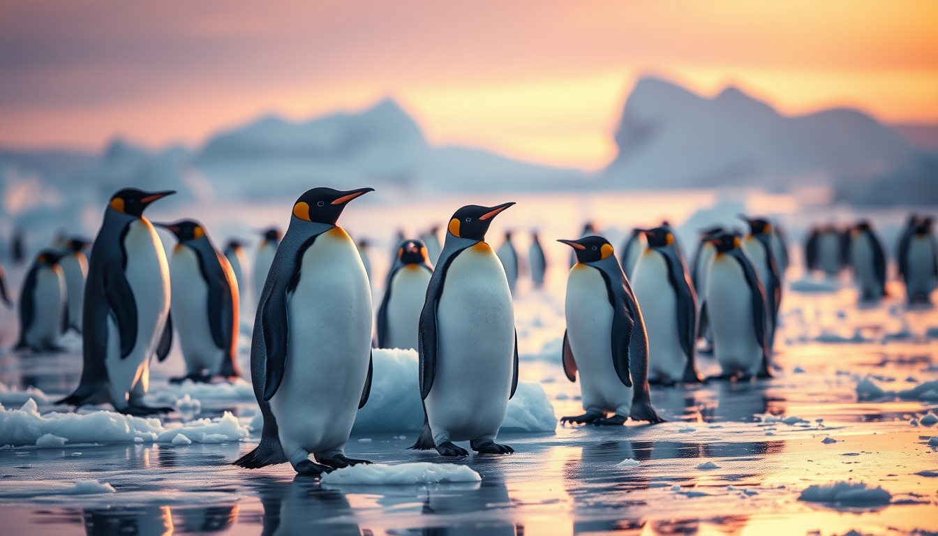 penguins on ice antarctica in editorial style