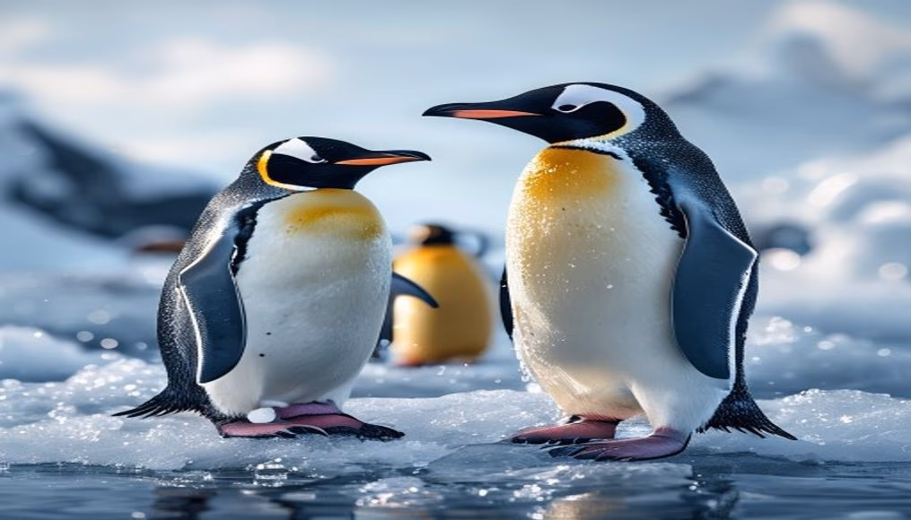 penguins on ice antarctica in editorial style