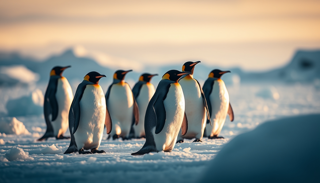 penguins on ice antarctica in editorial style