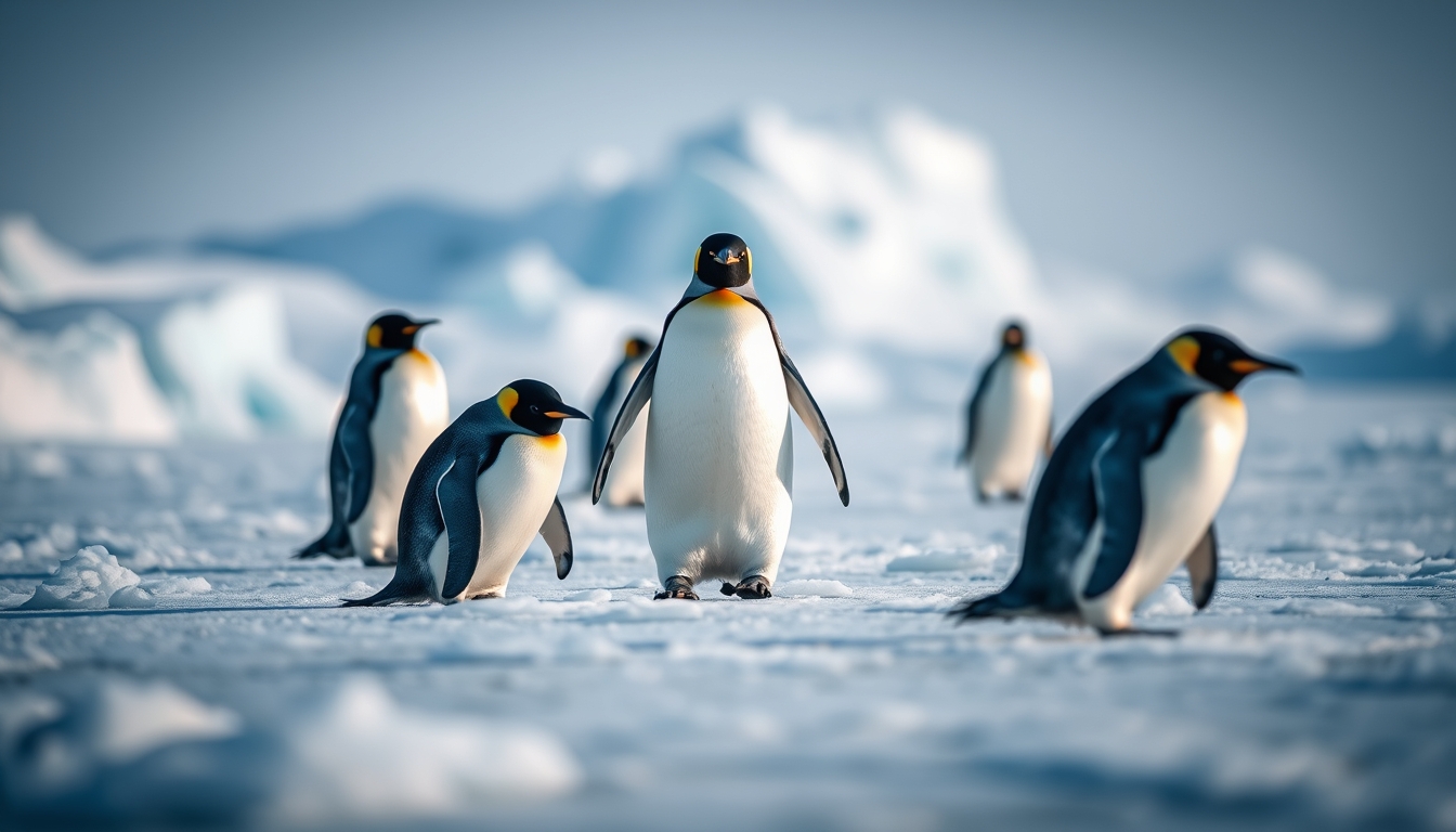 penguins on ice antarctica in editorial style