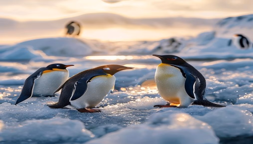 penguins on ice antarctica in editorial style