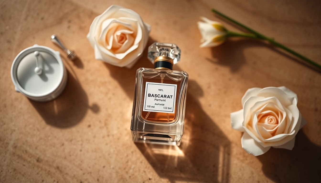 perfume bottle baccarat in editorial style