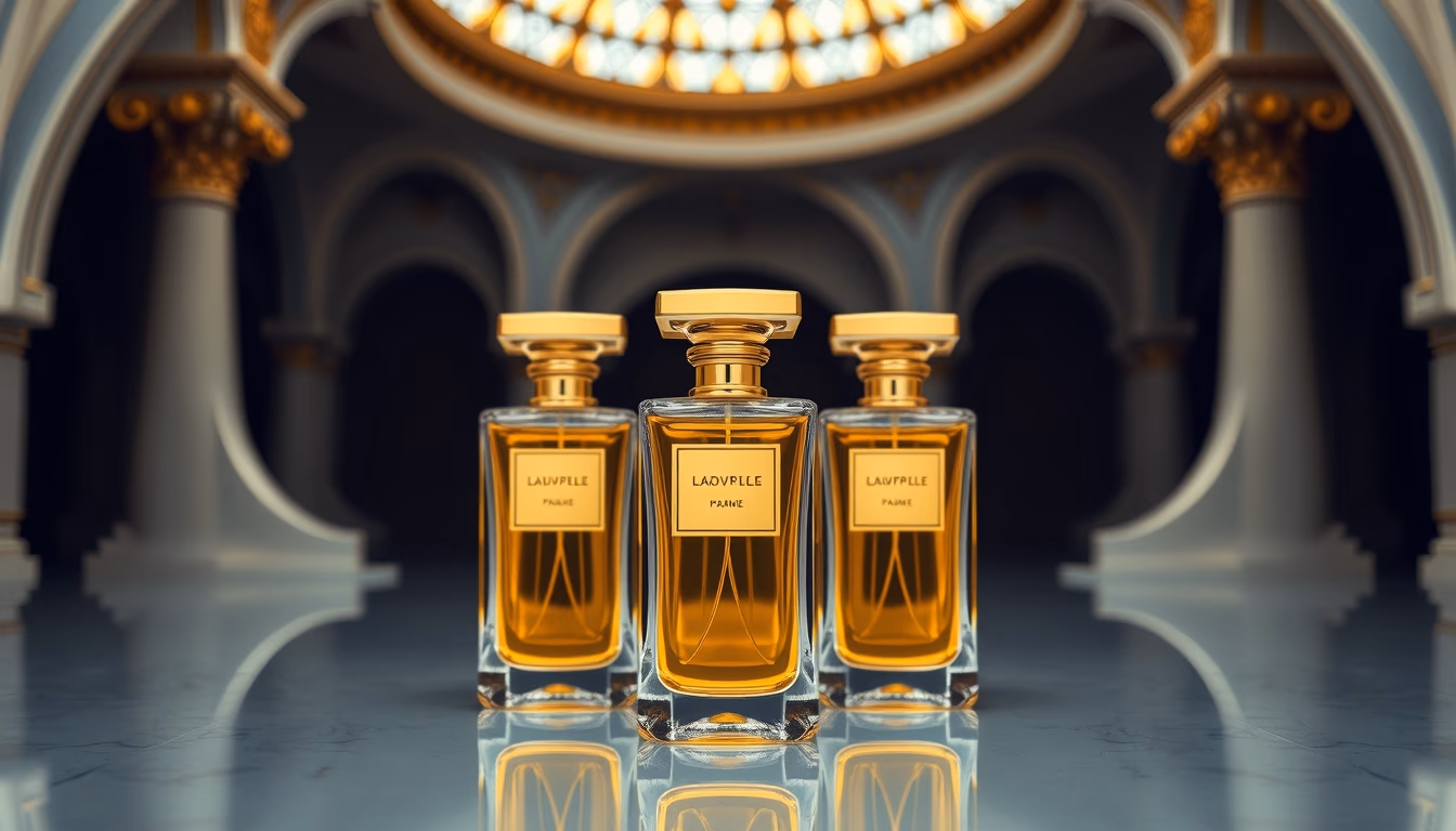 perfume bottles golden in editorial style