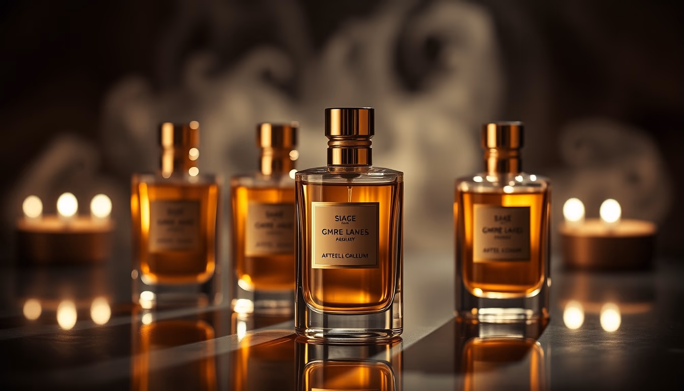 perfume bottles golden in editorial style