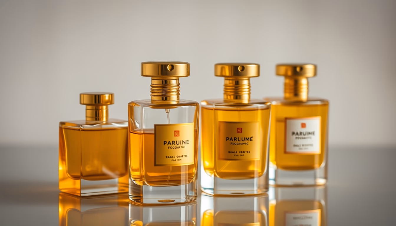 perfume bottles golden in editorial style