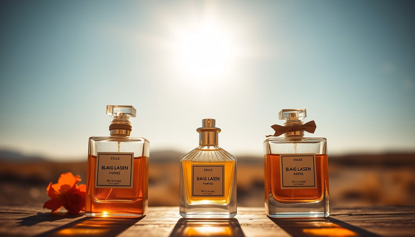 perfume bottles golden in editorial style