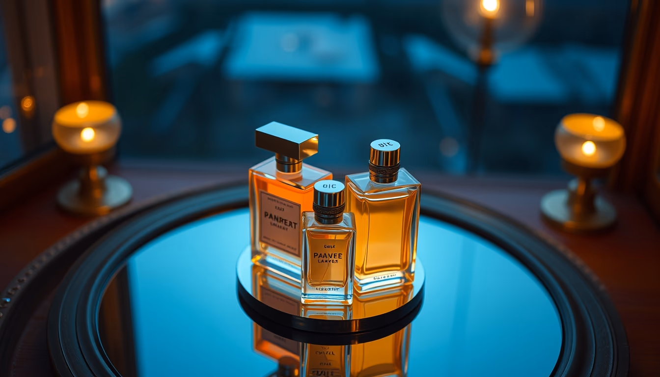 perfume bottles on mirror in editorial style