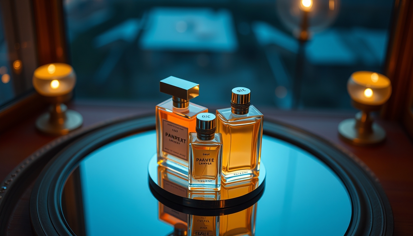 perfume bottles on mirror in editorial style