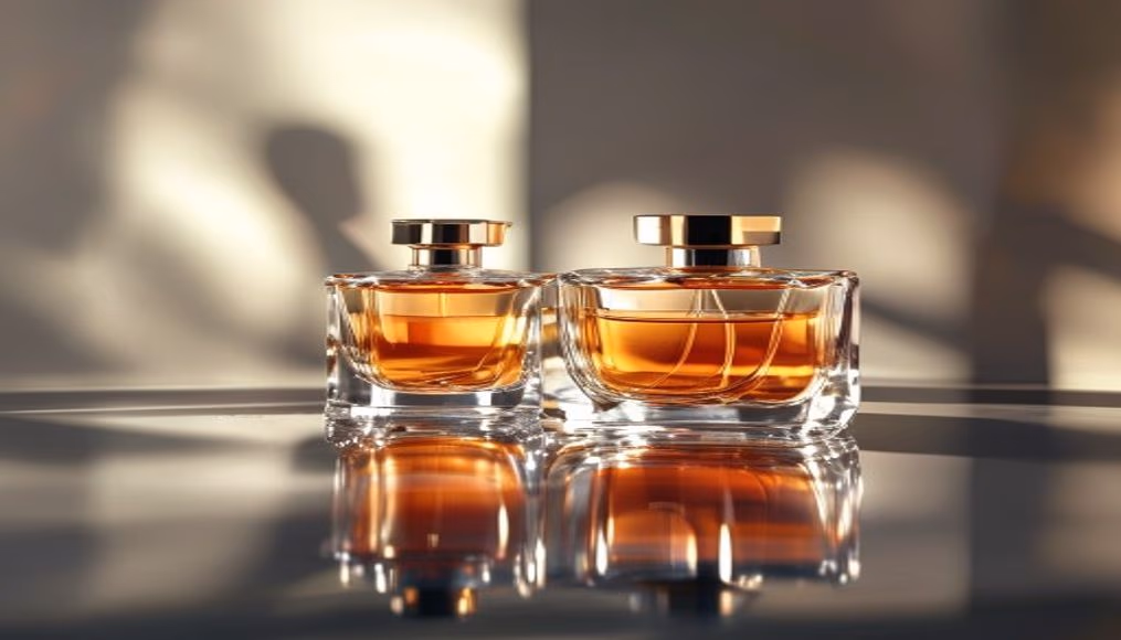 perfume bottles on mirror in editorial style