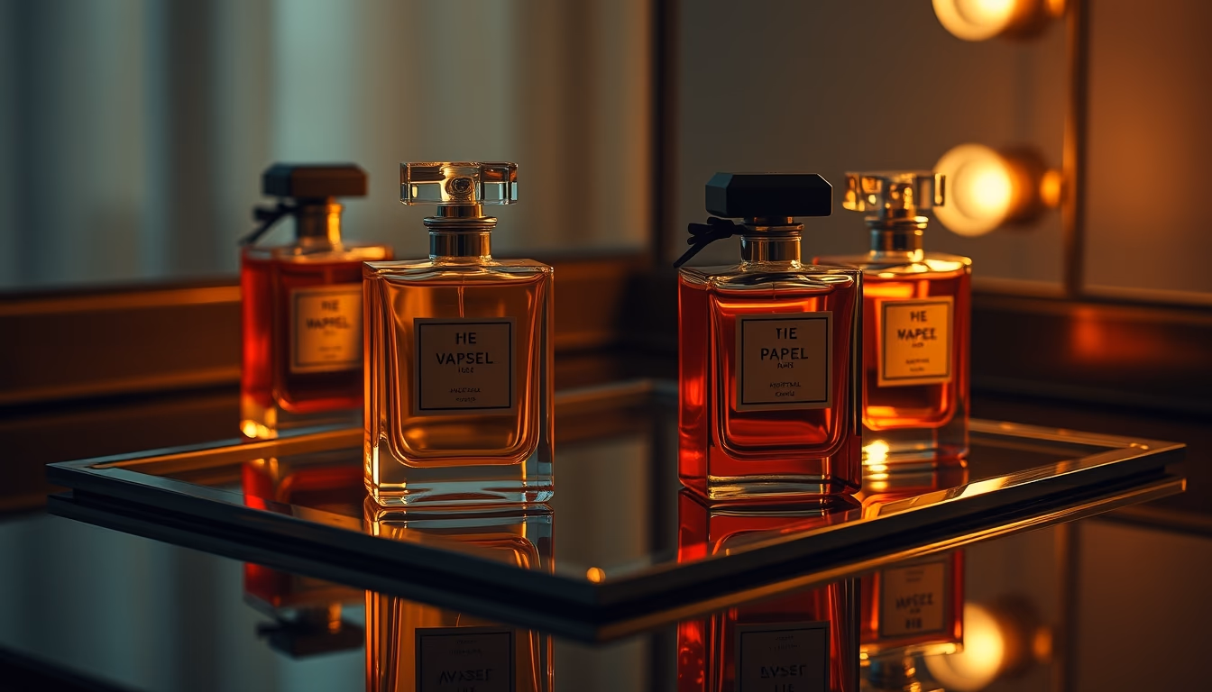 perfume bottles on mirror in editorial style