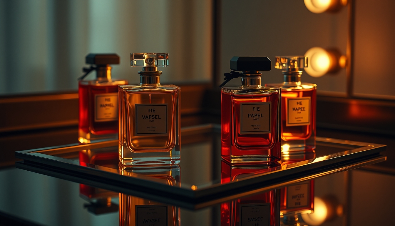 perfume bottles on mirror in editorial style