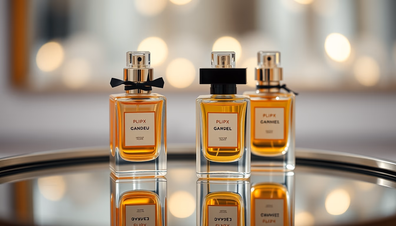 perfume bottles on mirror in editorial style