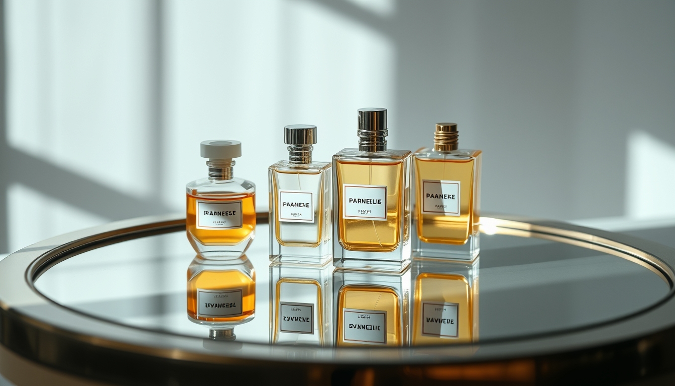 perfume bottles on mirror in editorial style